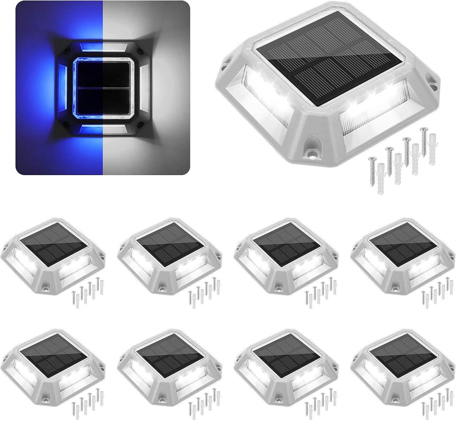 VOLISUN Solar Driveway Lights Dock Deck Lights 8-Pack,2 Colors in 1,Wireless Solar Powered 1200mAh Battery,Waterproof Outdoor Warning Step Lights for Driveway Sidewalk(2 Colors Lighting,White/Blue)