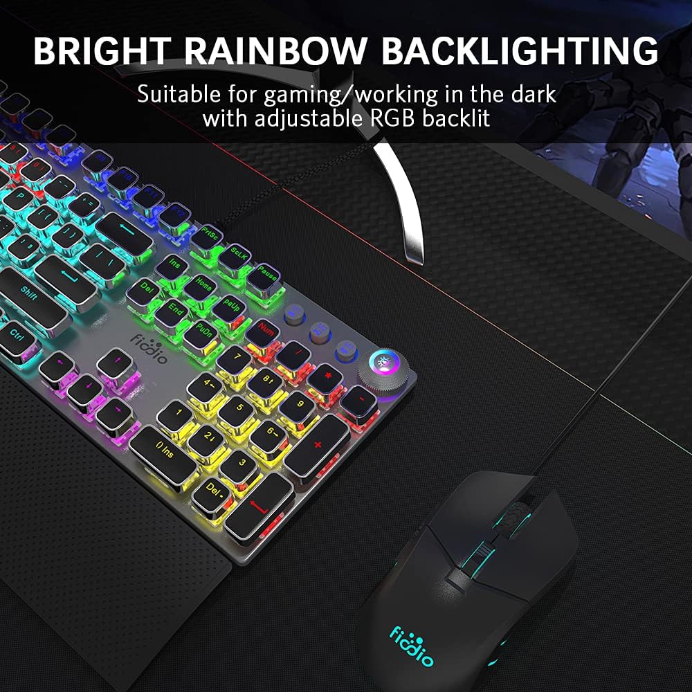 Fiodio Mechanical Gaming Keyboard, LED Rainbow Gaming Backlit, 104 Anti-ghosting Keys, Quick-Response Black Switches, Multimedia Control for PC and Desktop Computer, with Removable Hand Rest Pack of 2