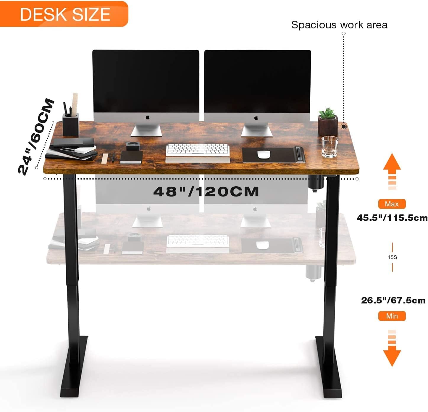 Electric Standing Desk, 48 x 24 inches Whole Piece Deskboard Adjustable Height Desk, Quick Assembly, Ultra Quiet Motor, Standing Desk Brown Top, Black Frame