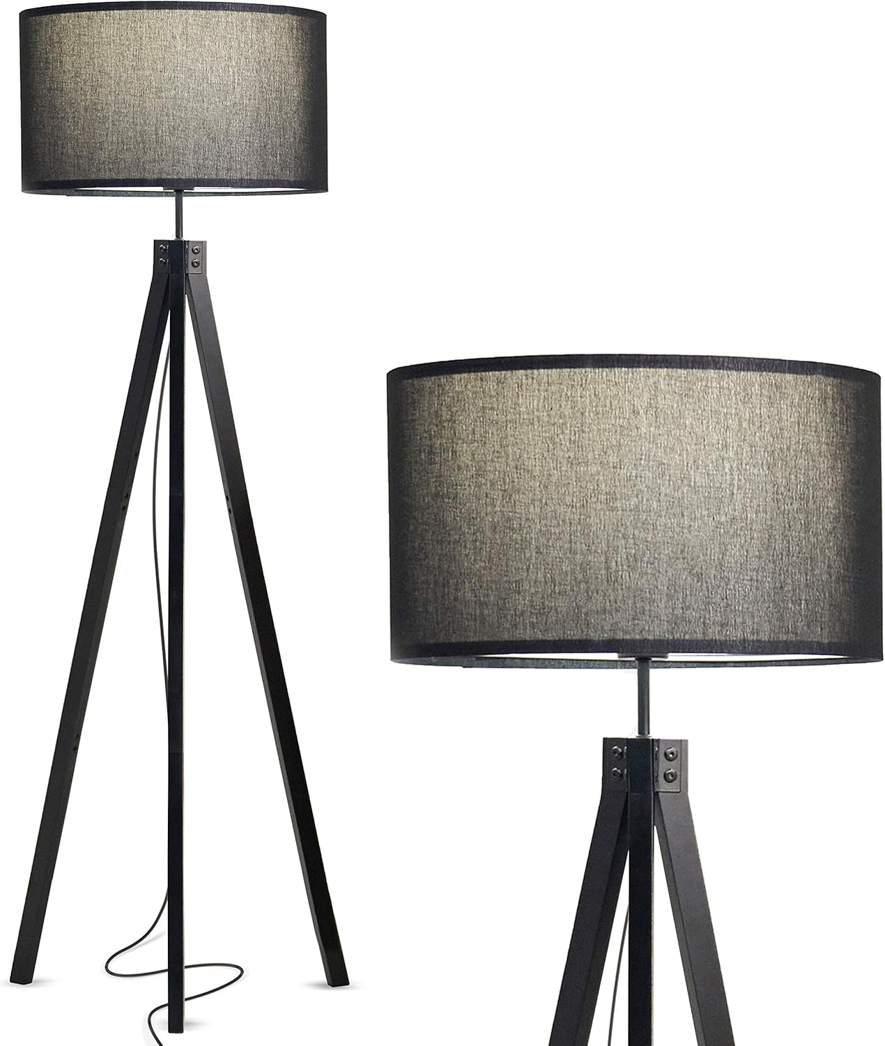 Brightech Eden Tripod LED Floor Lamp &ndash; Mid Century Dimmable Modern Light for Contemporary Living Rooms - Tall Free Standing Lamp with Solid Wood Legs for Bedroom, Office - Classic Black