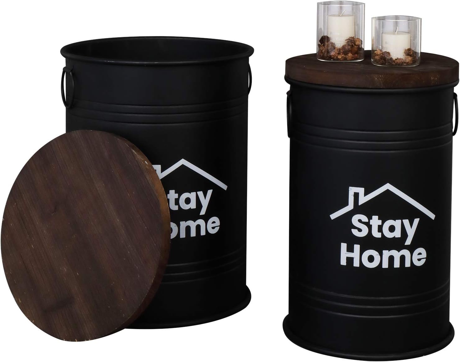 VINGLI Farmhouse Storage Bins Ottoman Stool, Rustic Galvanized Metal d&eacute;cor End Table Nightstand with Wooden Lid Decoration for Living Room Furniture,Set of Two (Black)