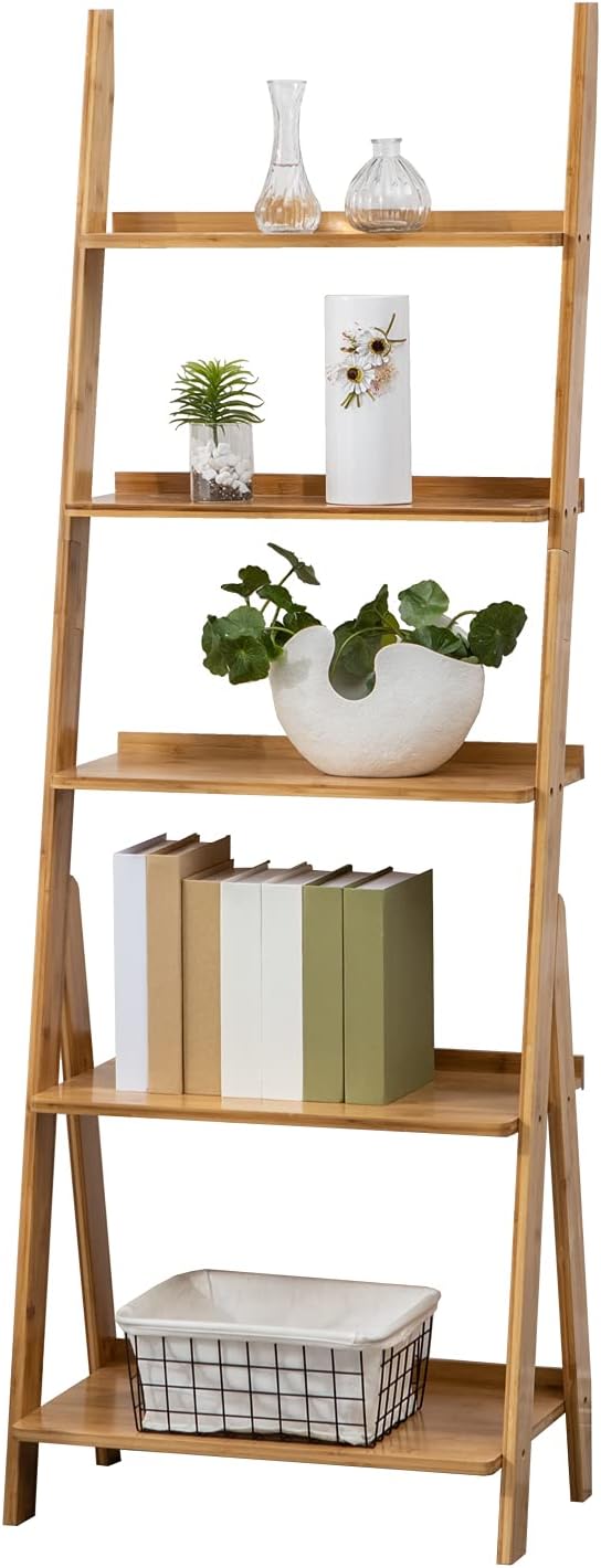 Ladder Shelf, 5-Tier Bookshelf, Sobibo Free Standing Organizer Storage Shelves, Storage Rack Shelf for Office, Bathroom, Living Room, Nature