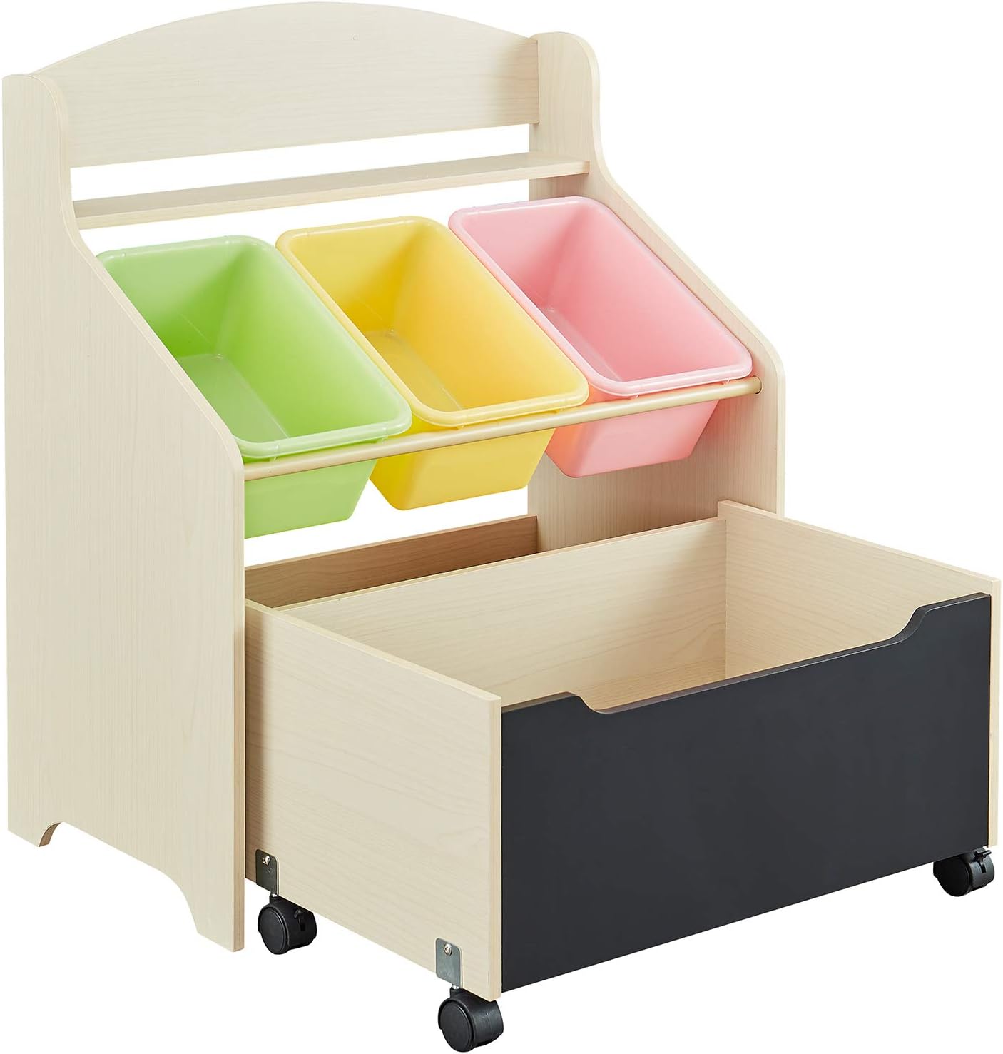 SweetGo Humble Crew Kid's Toy Organizer,Toy Shelf Storage Unit with Rolling Toy Box,3 Plastic Bins，1 Toy Box with Chalkboard Front (Eespresso) Pack of 2