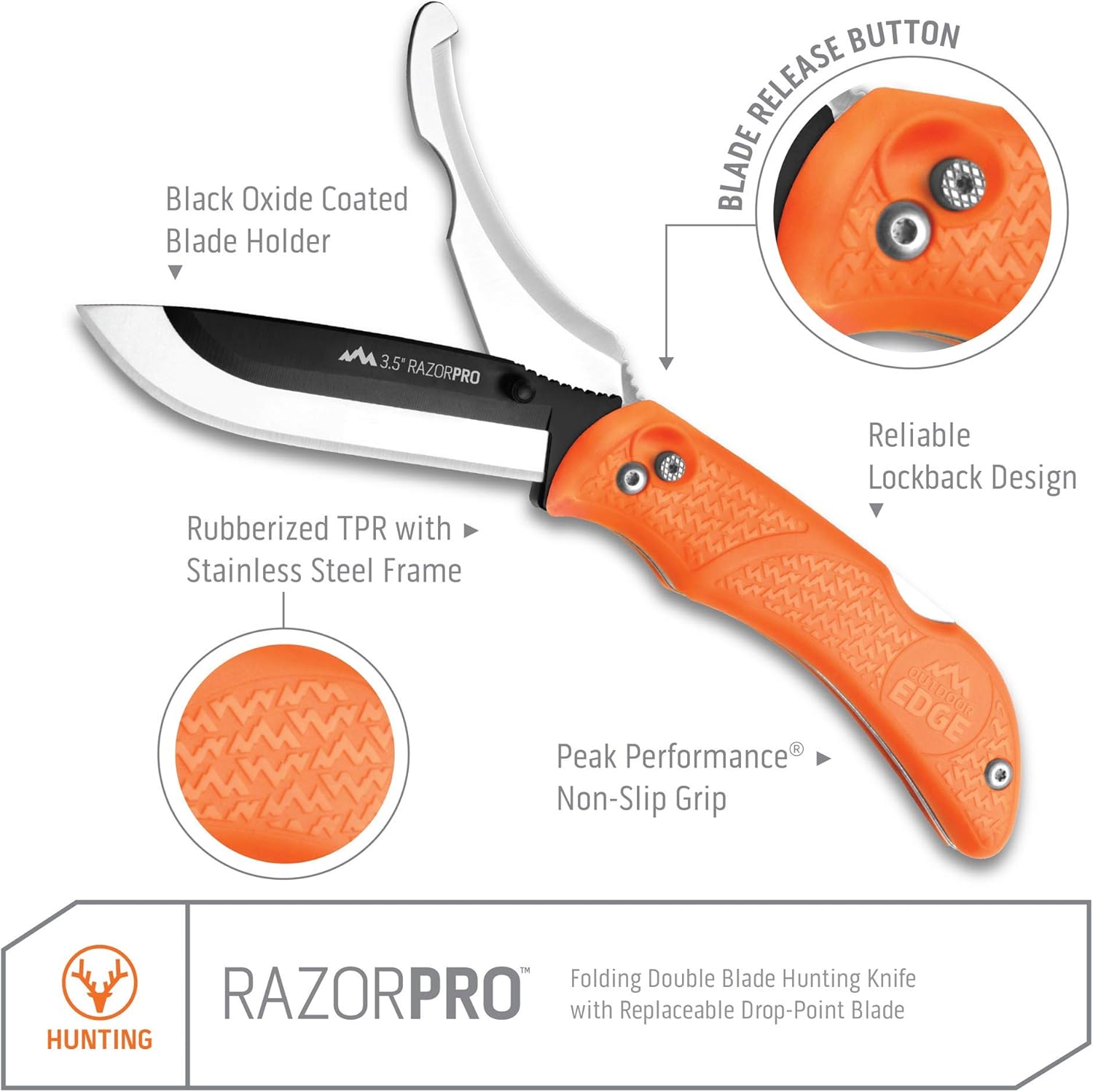 Outdoor Edge RazorPro - Double Blade Folding Hunting Knife with Replaceable Razor Blade, Gutting Blade and Camo Nylon Sheath (Orange, 6 Blades)
