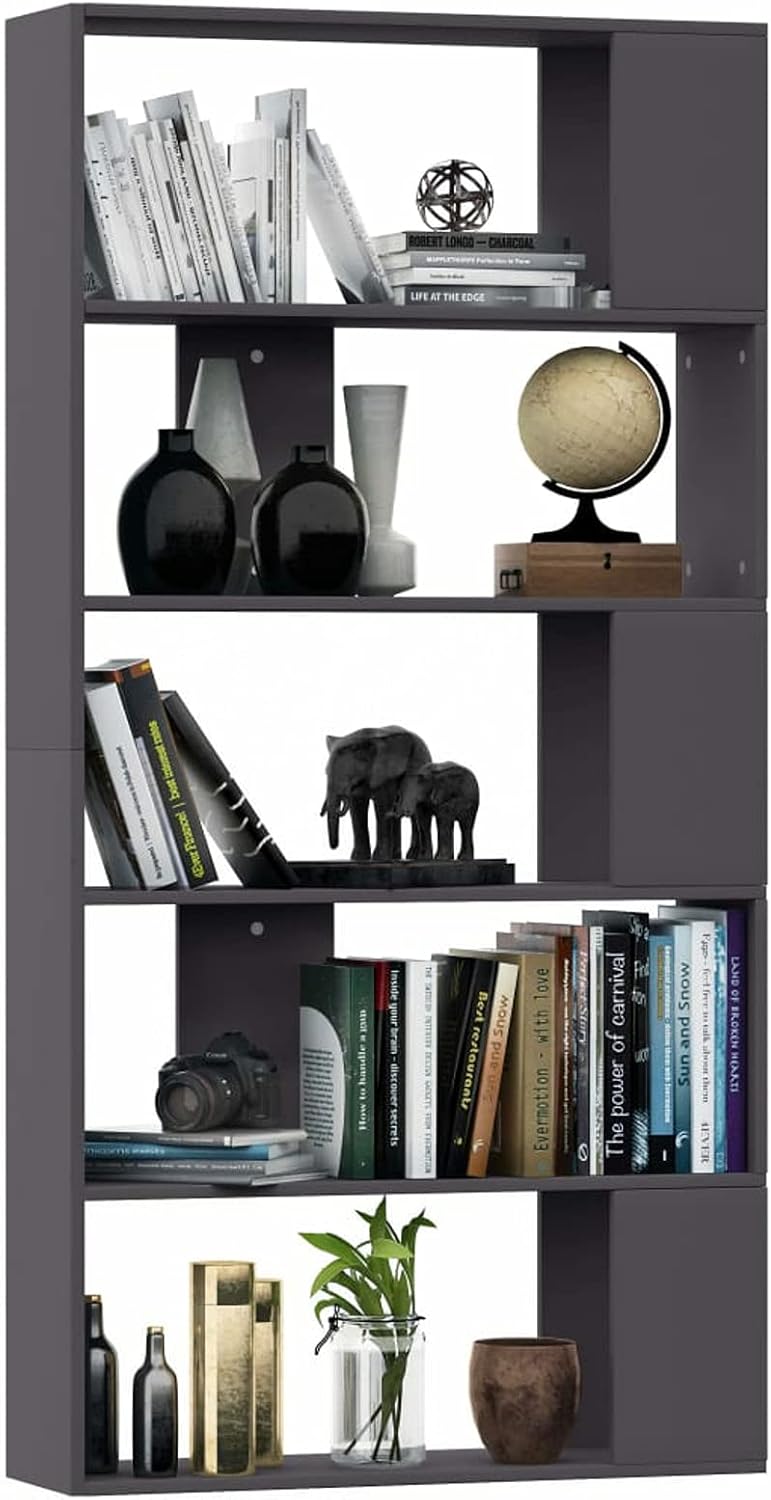 Tidyard Bookcase with 5 Storage Shelves Chipboard Display Rack Book Cabinet Organizer Room Divider Concrete Gray for Living Room, Bedroom, Home Furniture 31.5 x 9.4 x 62.6 Inches (W x D x H)