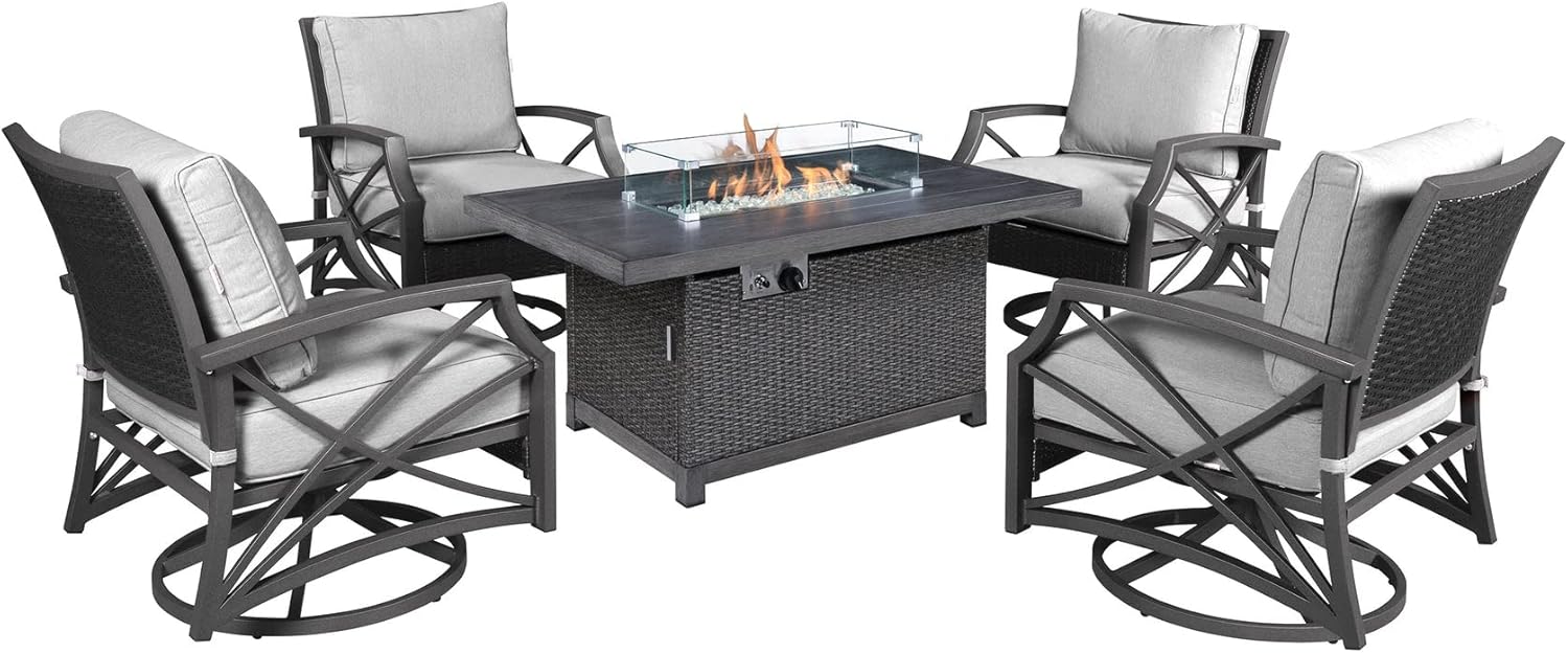 Kinger Home 5-Piece Rectangular Propane Fire Pit Set, Outdoor Dining Table Set with Fire Pit, Fire Pit Set with Chairs, Cushions and Fire Pit Accessories Included