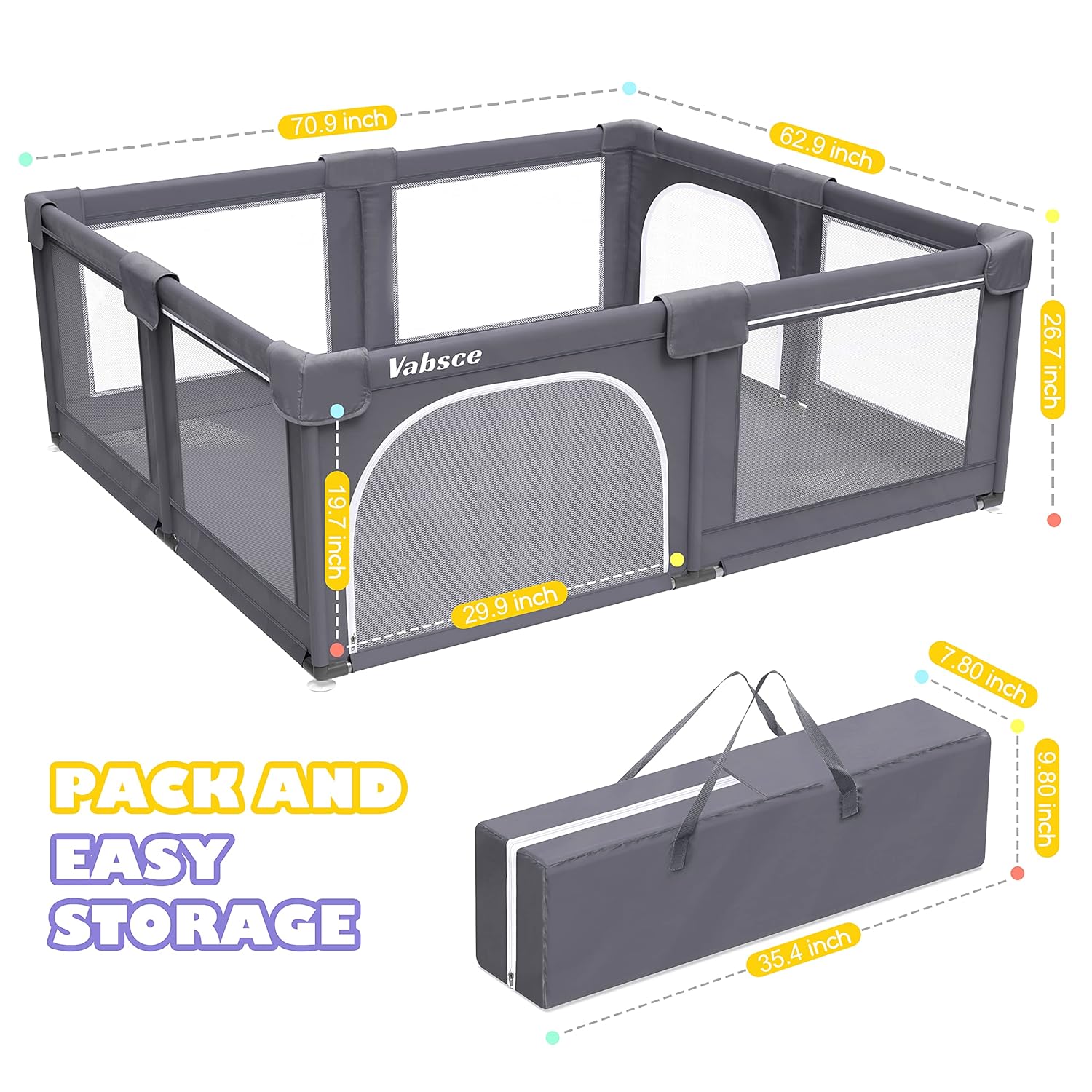 VABSCE Baby Playpen with Mat, Extra Large Safety Children's Play Yard Indoor & Outdoor Kids Play Area Activity Center with Gate, Portable Play Fences for Babies, Infant and Toddler(Grey)