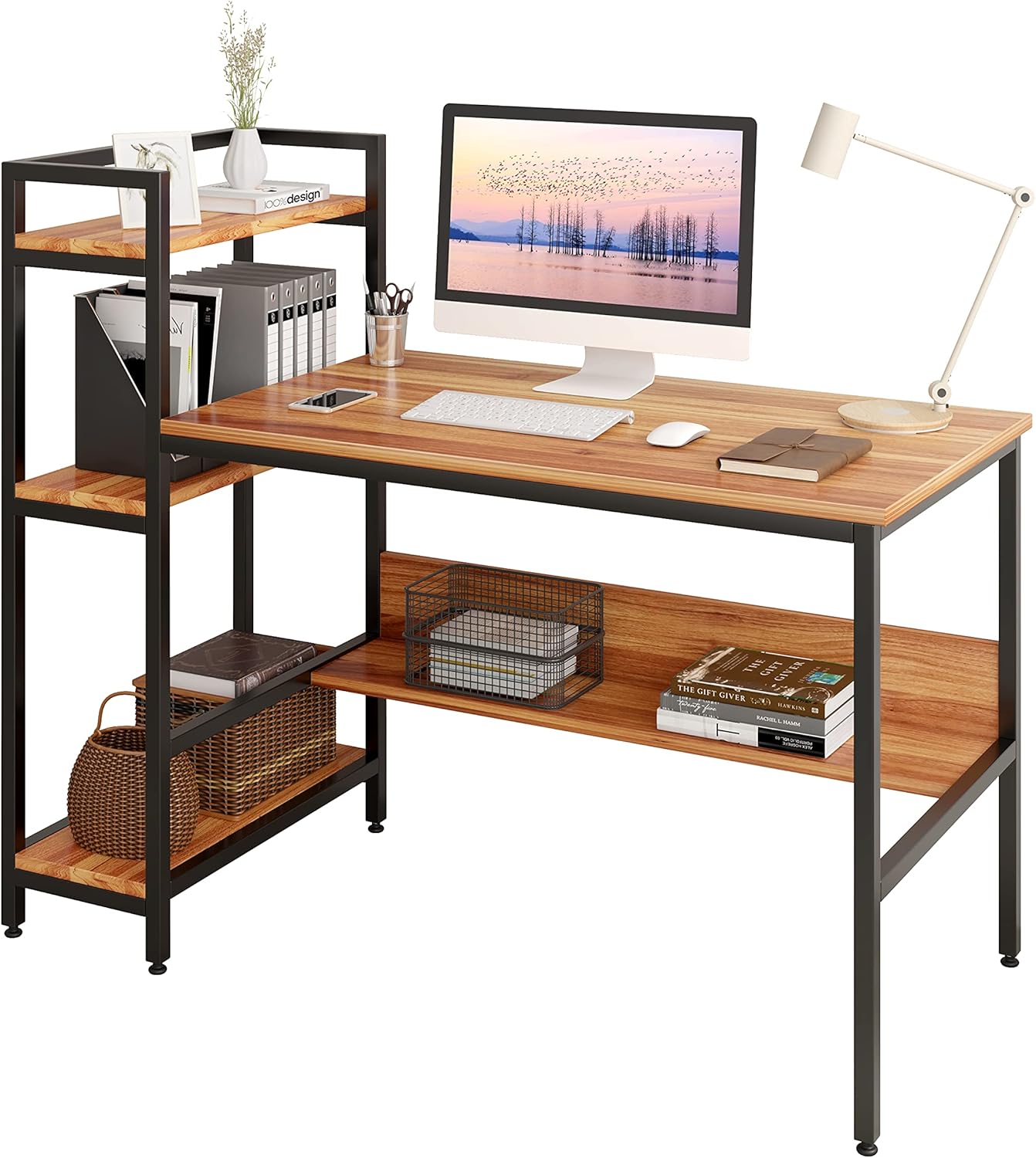 Computer Desk, HEEYUE Industrial Writing Desk with 3 Storage Shelves and 1 Large Undershelf, Reversible Computer Laptop Table Workstation Gaming Desk for Home Office (Walnut) Pack of 2