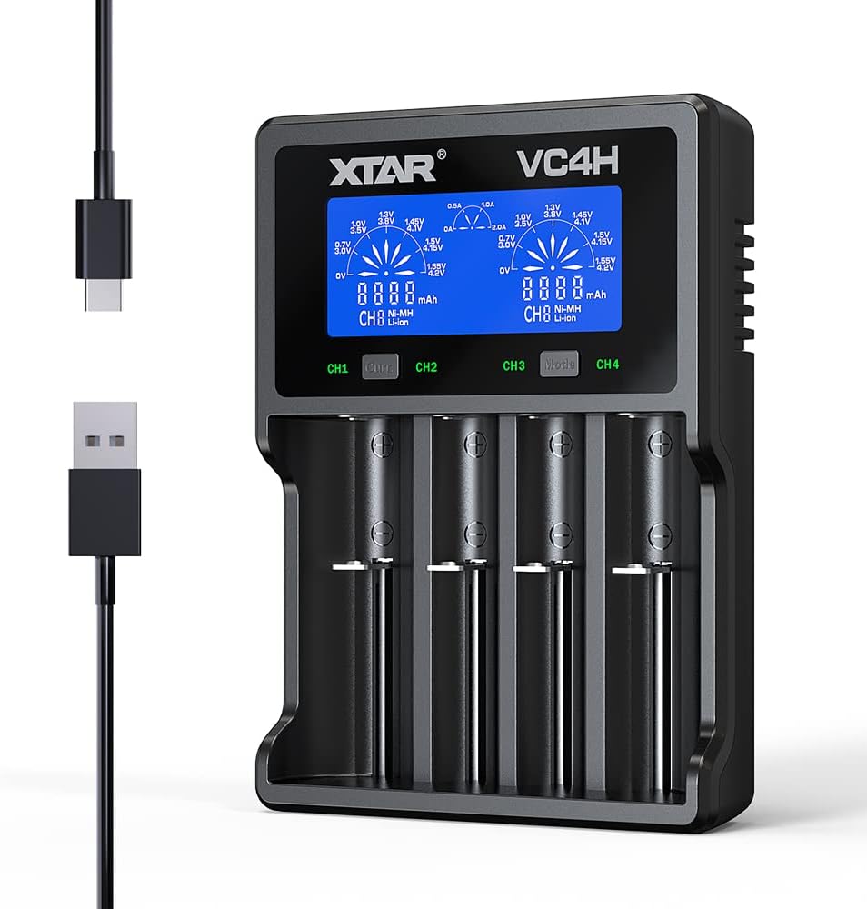 XTAR VC4H New VC4 VC4L LCD Universal 18650 Battery Charger for 3.7V Li-ion Rechargeable Battery 18650 21700 18350 17670 17500 16340 14500 and Ni-MH Ni-CD Rechargeable AA AAA Batteries (VC4H+QC3.0) Pack of 2
