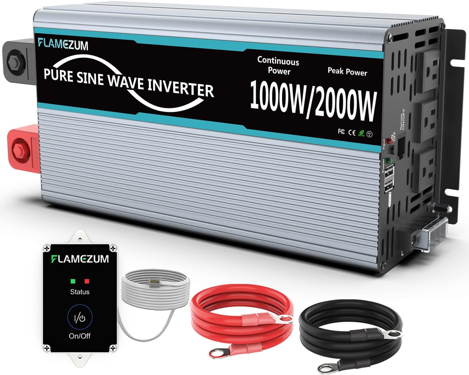 FLAMEZUM Power Inverter Pure Sine Wave-2000 Watt 12V DC to 110V/120V AC Converter- 4 AC Outlets Car Inverter with 2 USB Port-15Ft Remote Control and Two Cooling Fans-Peak Power 4000 Watt