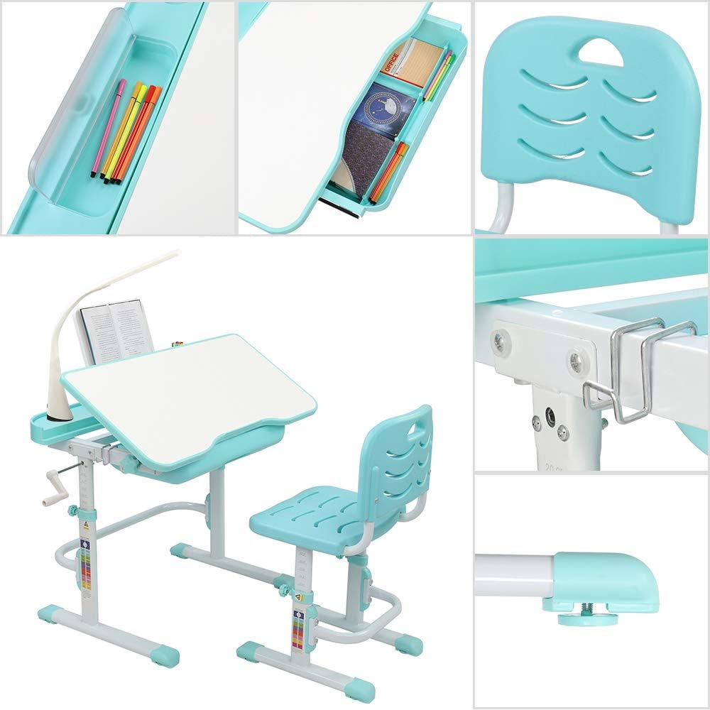 80CM Hand-cranked Lifting Top Can Tilt Children Learning Table and Chair Blue-Green (with Reading Stand USB Interface Desk Lamp)