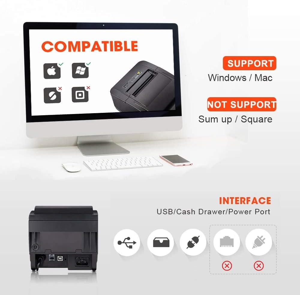 MUNBYN POS Printer, 80mm USB Receipt Printer, POS Receipt Printer with Auto Cutter ESC/POS Command Support Windows（Only USB Interface）