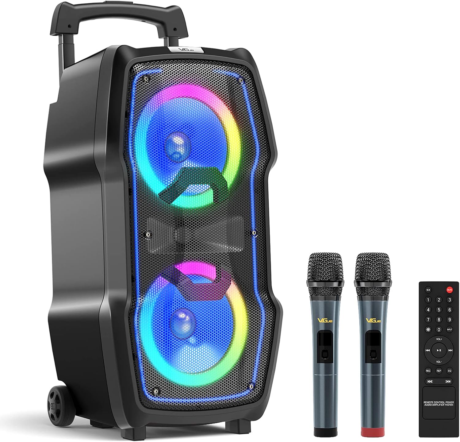 VeGue Karaoke Machine, Wireless Bluetooth PA System for Adults & Kids with Dual 8'' Subwoofers, 2 UHF Wireless Mics, Colorful LED Lights, Ideal for Home Karaoke, Party, Stage Performance (VS-0808)