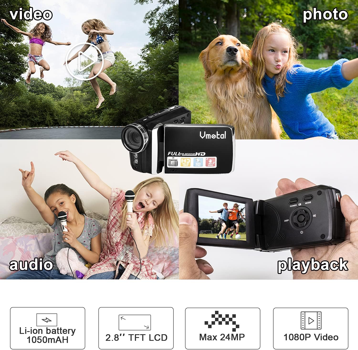 Video Camera Camcorder Vmotal Digital Camera Recorder Full HD1080P 24MP 2.8 Inch 270 Degree Rotation LCD 8X Digital Zoom Camcorder Camera (Black) Pack of 2