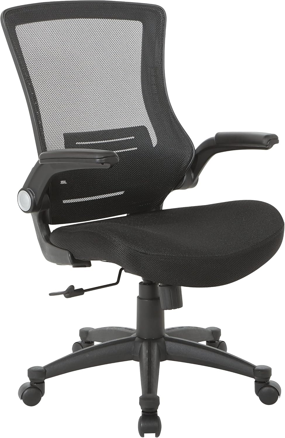 Office Star Screen Back Manager's Office Chair with Padded Flip Arms Nylon Base, Black Fabric