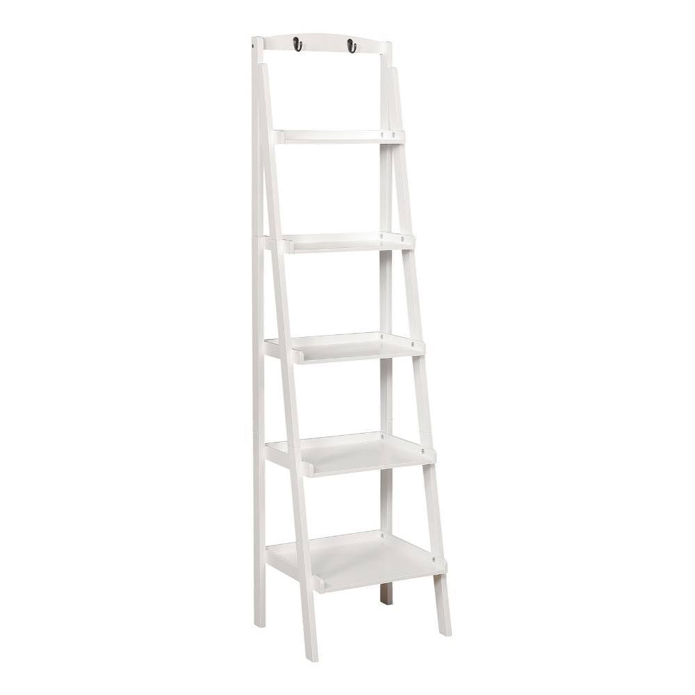 Benzara Contemporary Five Tier Wooden Ladder Shelf with Two Attached Hook on Top, White BM187177