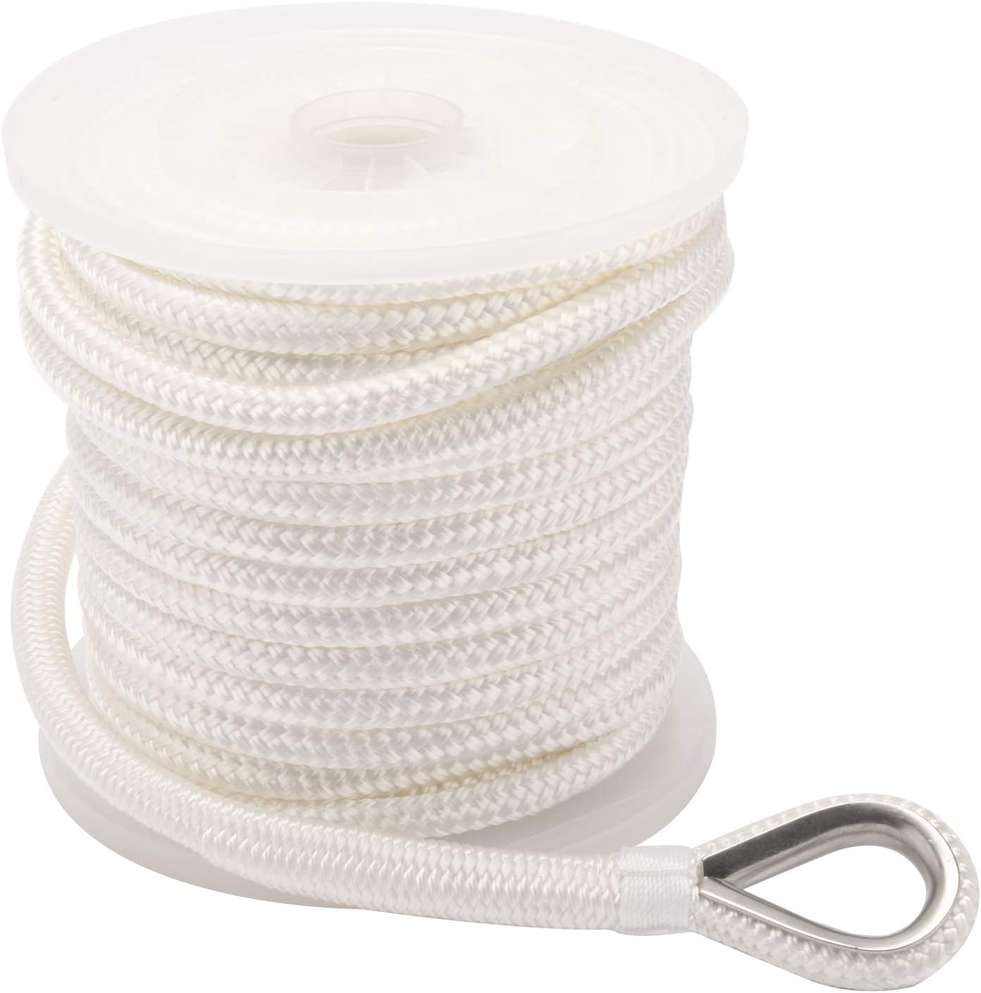 NovelBee 1/2 Inch X 100 Feet Double Braid Nylon Anchor Line with Stainless Steel Thimble and Plastic Chuck Pack of 2