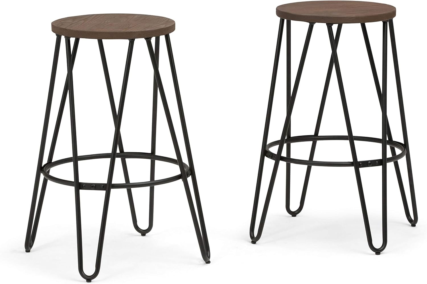 SIMPLIHOME Simeon 30 inch Bar Stool, Natural and Black Metal and Elm Wood, Round, Backless, for the Kitchen and Dining Room, Industrial Pack of 2