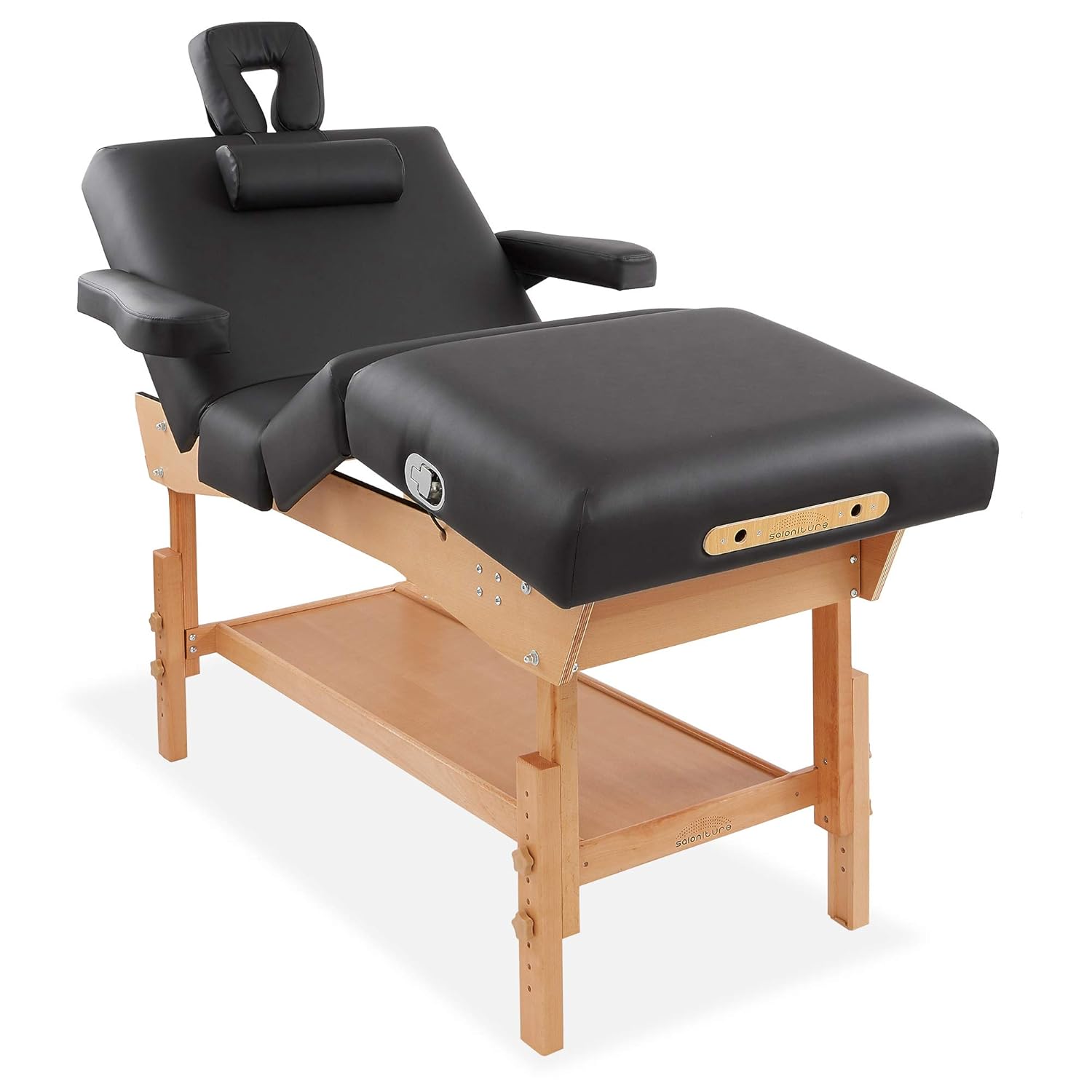 Saloniture Professional Stationary 4-Section Massage Table - Includes Shelf, Armrest, Headrest, Face Cradle and Bolster - Black