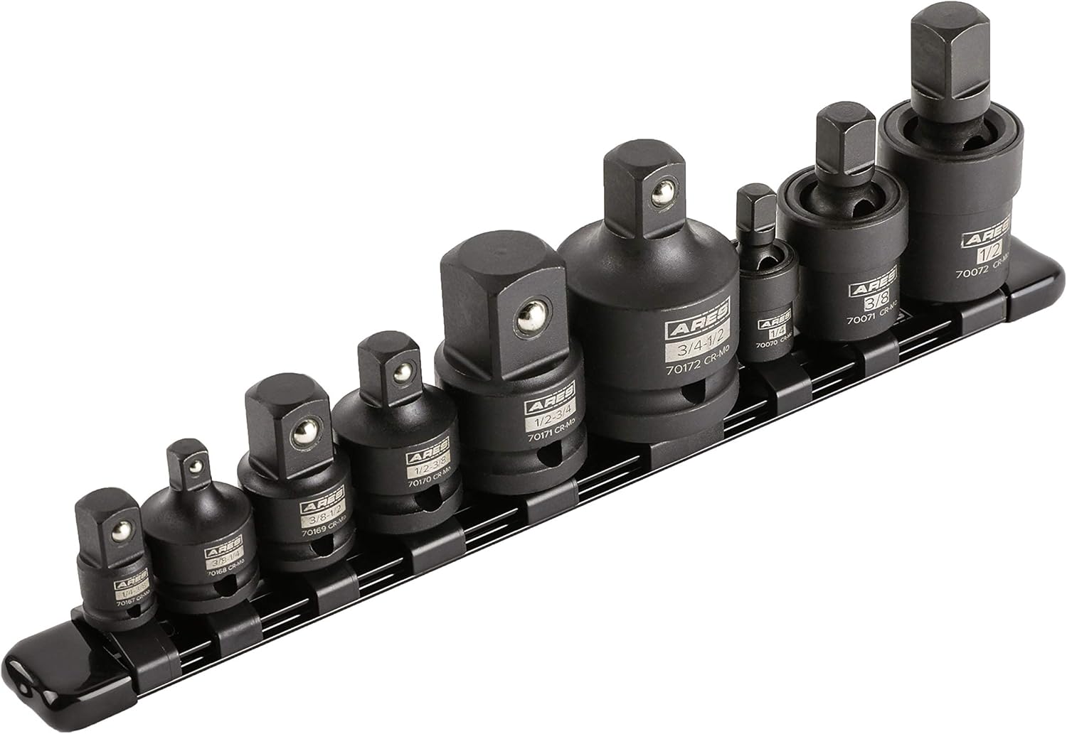 ARES 28005 - 9-Pc Impact U-Joint and Adapter/Reducer Set - Includes Universal Joints in 1/4-Inch Drive, 3/8-Inch Drive, and 1/2-Inch Drive, 3 Adapters, and 3 Reducers - Aluminum Storage Rail Included