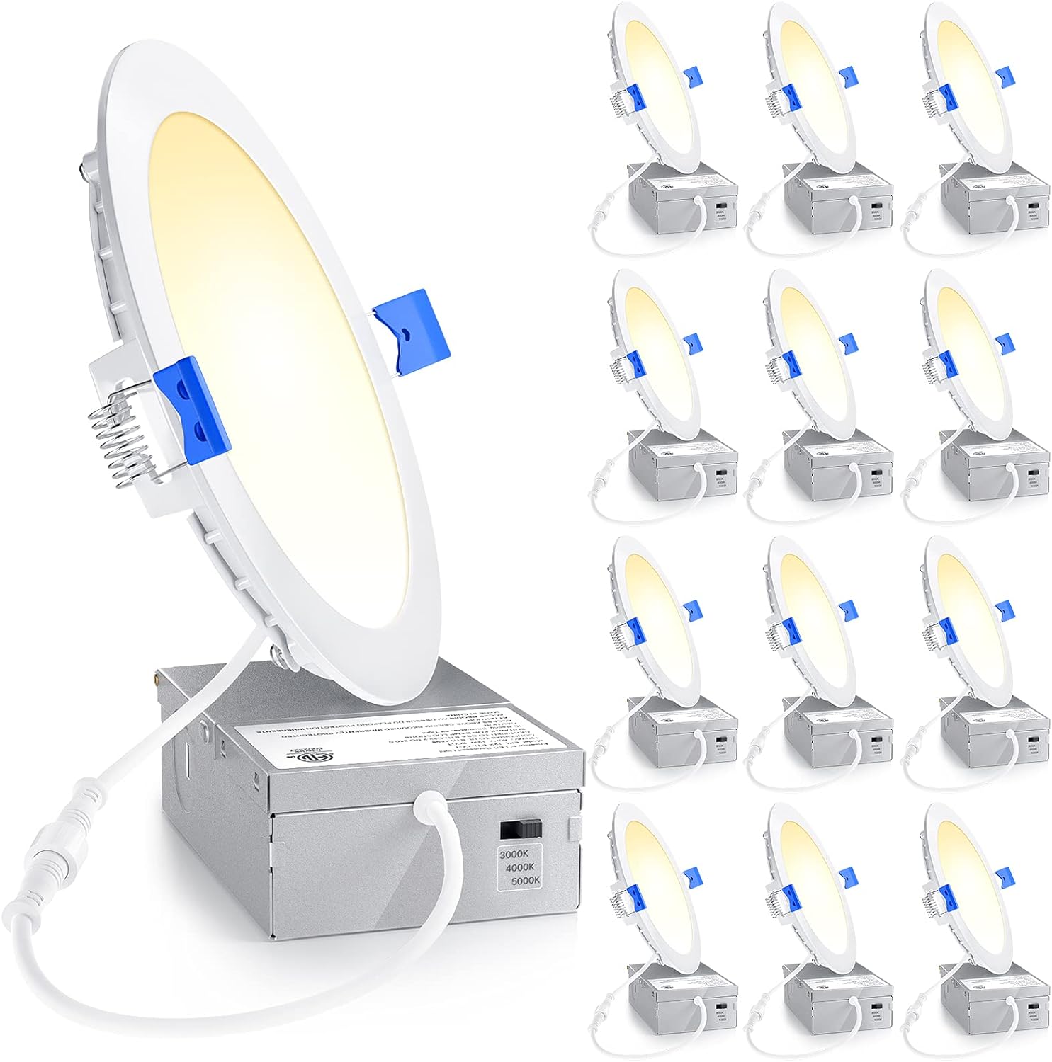 Ensenior 12 Pack 6 Inch Ultra-Thin LED Recessed Light with Junction Box, 2700K/3000K/3500K/4000K/5000K Selectable, 12W 110W Eqv, Dimmable, 1050LM High Brightness - ETL and Energy Star Certified