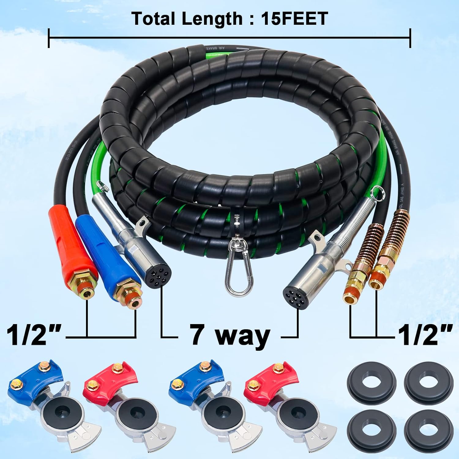 Dazakoot 15 Ft Heavy Duty 3 in 1 ABS & Power Air Line Hose Wrap 7 Way Electrical Cable with 2 Pairs Aluminum Emergency Glad Hands for Semi Truck Trailer Tractor