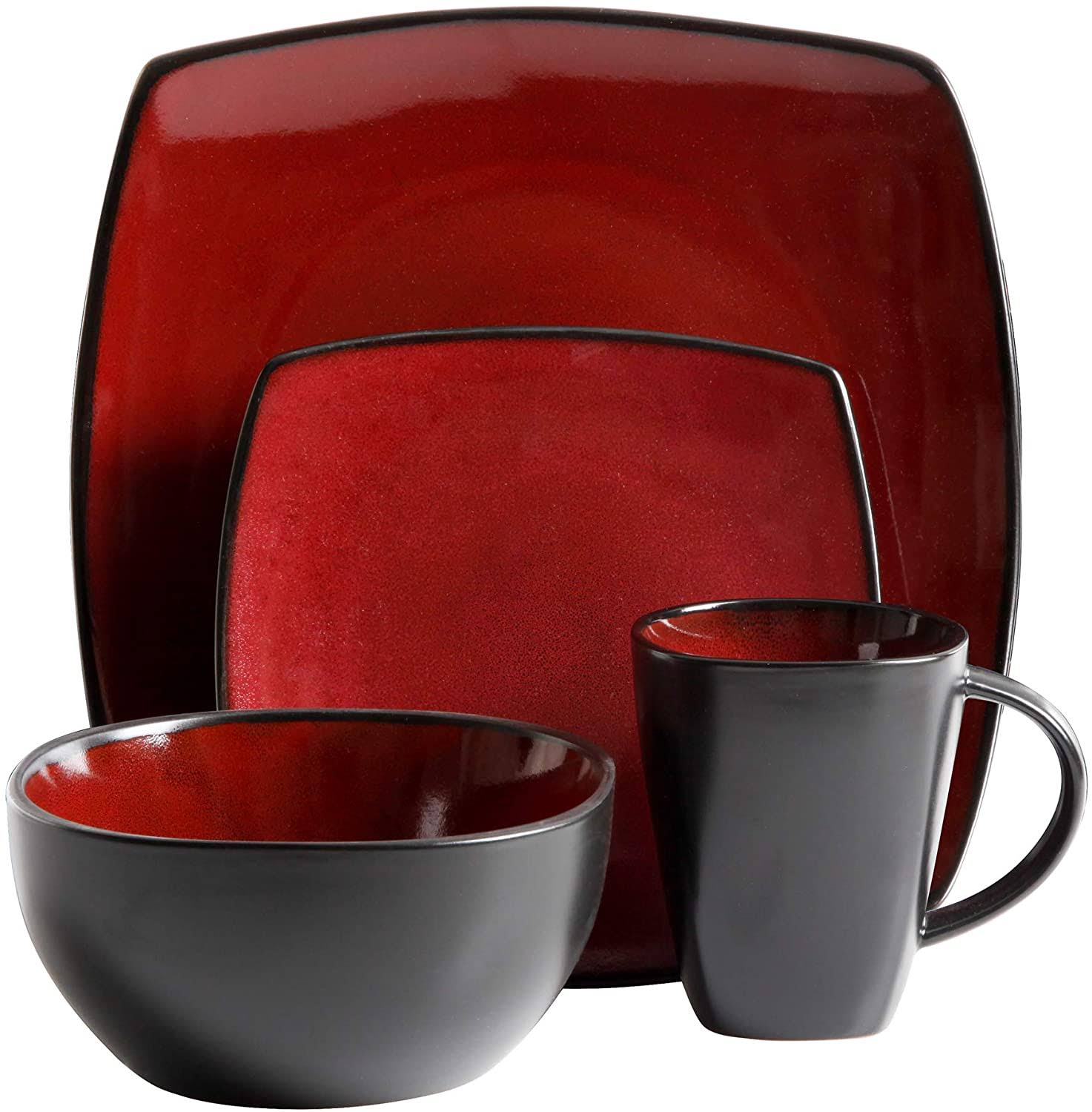 Gibson Bella Soho 16-Piece Square Reactive Glaze Dinnerware Set Red
