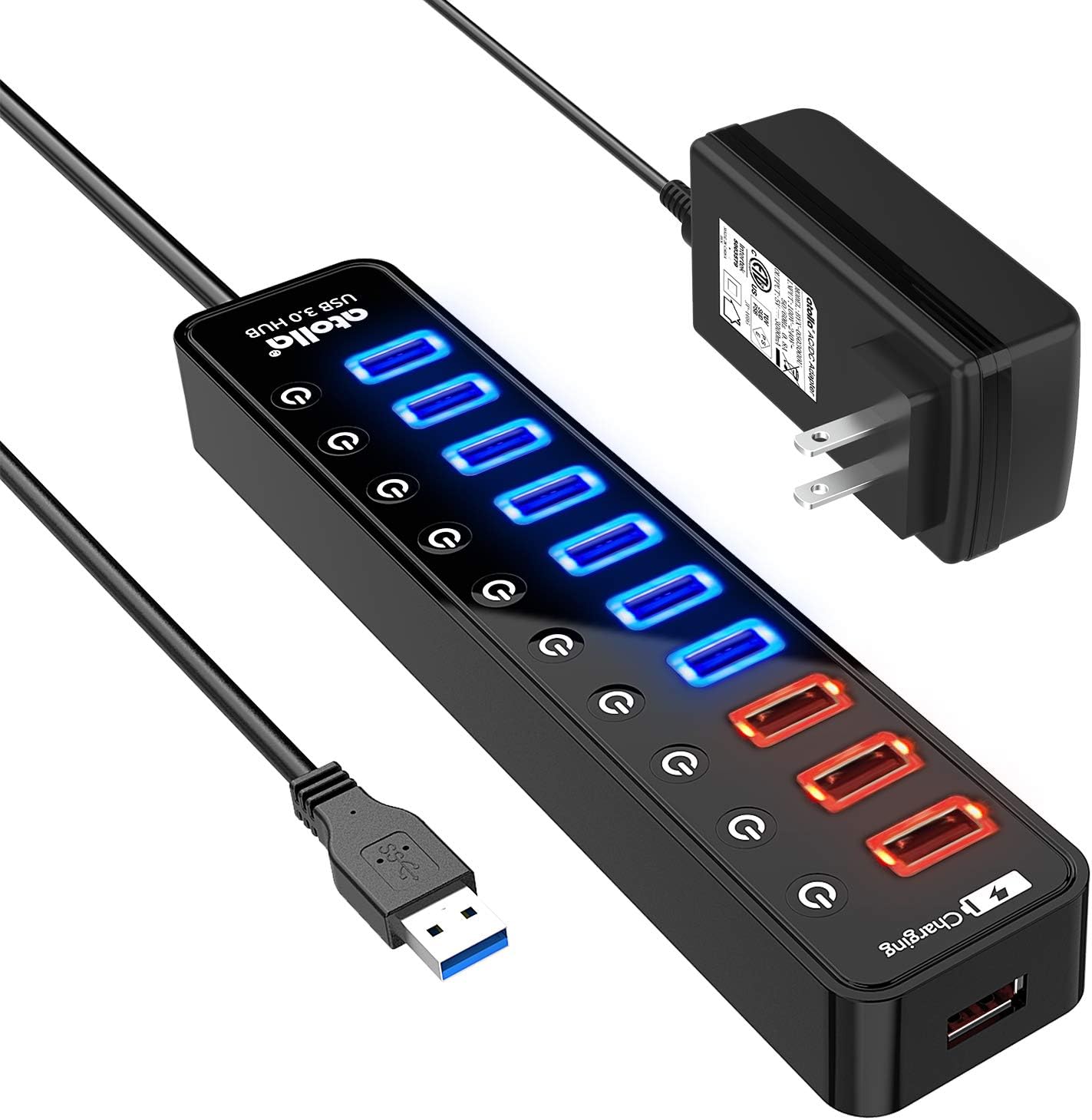 Powered USB 3.0 Hub, Atolla USB 3.0 Data Hub 11 Ports - 7 USB 3.0 Data Ports + 4 Smart Charging Port with Individual On/Off Switches and 12V/4A Power Adapter USB Hub 3.0 Splitter Pack of 2