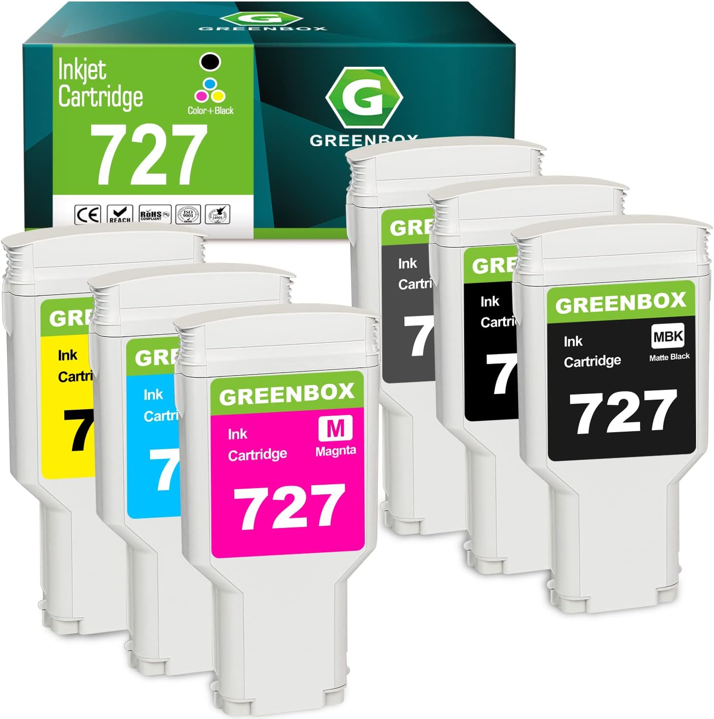 GREENBOX Compatible Ink Cartridges Replacement for HP 727 XL B3P06A C1Q12A F9J76A F9J79A F9J77A F9J78A F9J80A B3P22A B3P23A B3P19A B3P21A B3P20A B3P24A for DesignJet T1500 T920 T930 Printer (6-Pack)