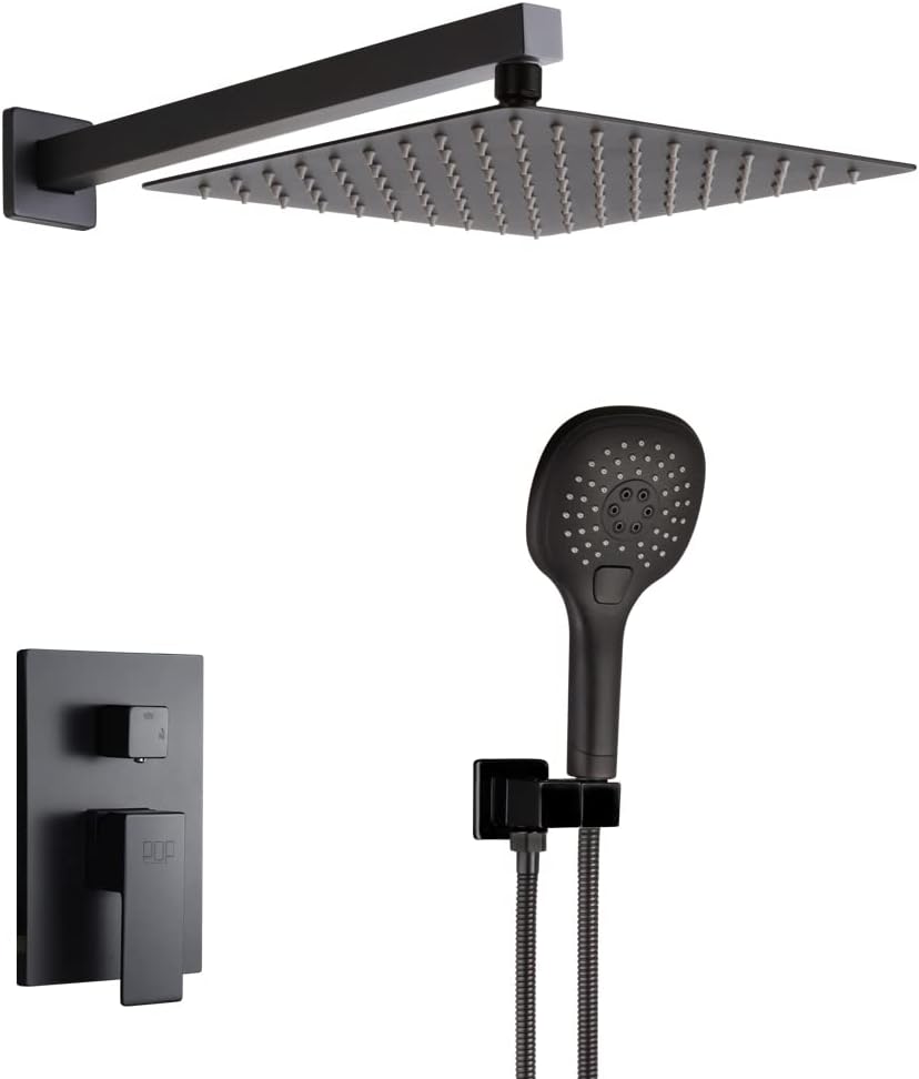 POP Black Shower System Bathroom Rainfall Shower Faucet Set Complete Wall Mounted 8 Inch Shower Head and Handle Set with Rough-in Valve Body and Trim Kit