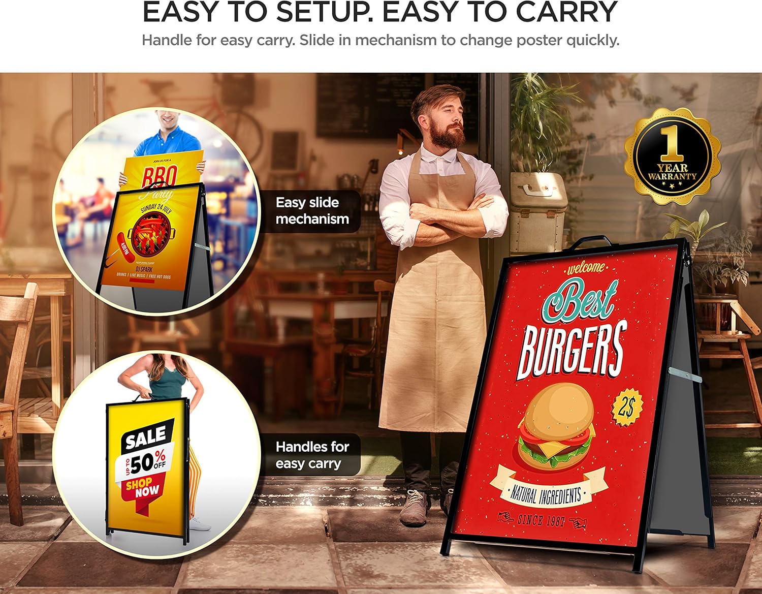 A-Frame Sidewalk Sign Board Curb Sign 24x36 inch Slide in Double Sided Display Foldable and Portable Comes with Carry Handle and 2 Plastic Boards Weather Resistant Does Not Fall with Winds Color Black