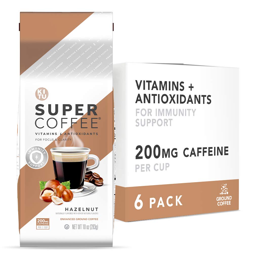 Super Coffee Grounds Energy & Immunity (2x Caffeine, Vitamins, Antioxidants) [Hazelnut] 10 Oz, 6 Pack | Keto Friendly Ground Coffee, 100% Arabica Coffee Ground Pack of 2