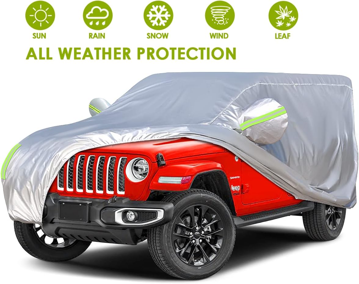 Auto-aAtend Waterproof Car Cover for Jeep Wrangler 2006-2021 JK & JL 4 Door All Weather Protection Jeep Cover with Windproof Straps Fits up to 190’’, Silver Pack of 2