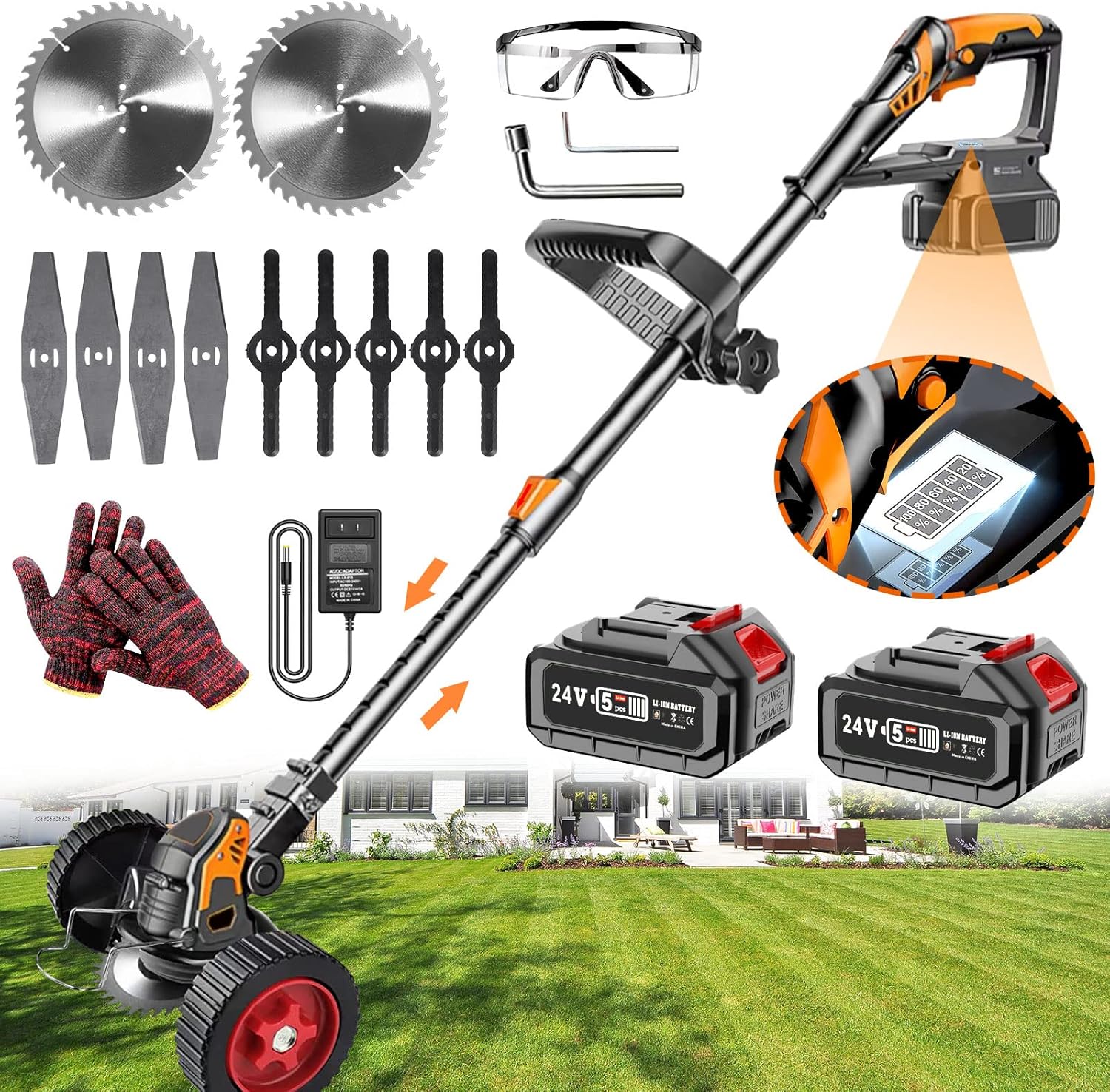 Cordless Weed Eater,Grass Trimmer Battery String Trimmers with Remaining Power Display Screen,2 24V Batteries,Adjustable Machine Head,for Lawn, Yard and Bush Trimming