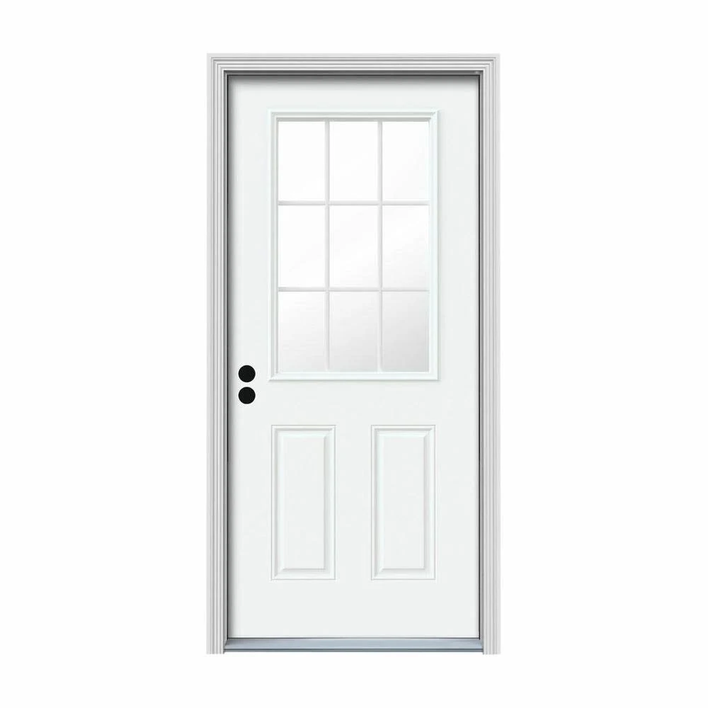 JELD-WEN 30 in. x 80 in. 9 Lite White Painted Steel Prehung Right-Hand Inswing Back Door w/Brickmould, Brilliant White