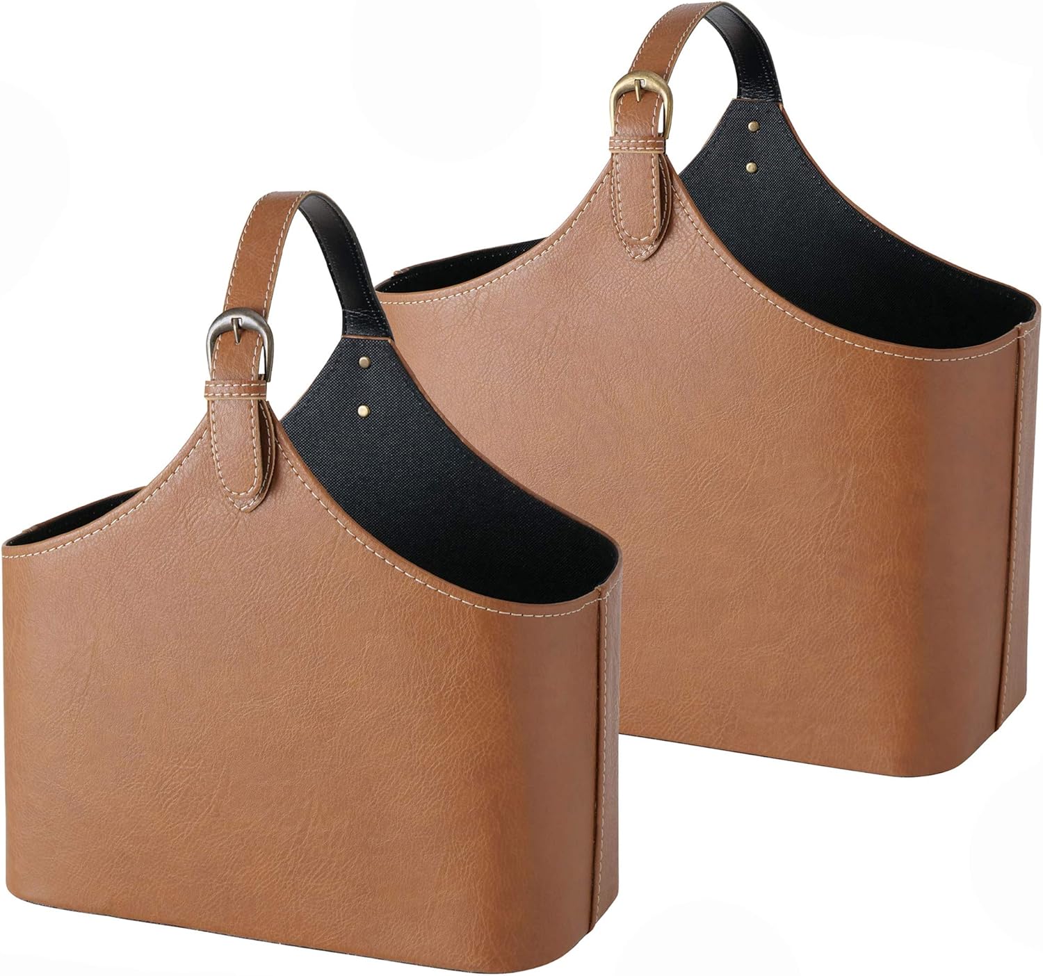 WHW Whole House Worlds Tribeca Magazine Holder Racks, Set of 2, Dark Chocolate Brown Tone, Faux Nubuck Suede, Top Handle, Silver Buckles and, Stitched Details, 19.25 and 15.75 Inches