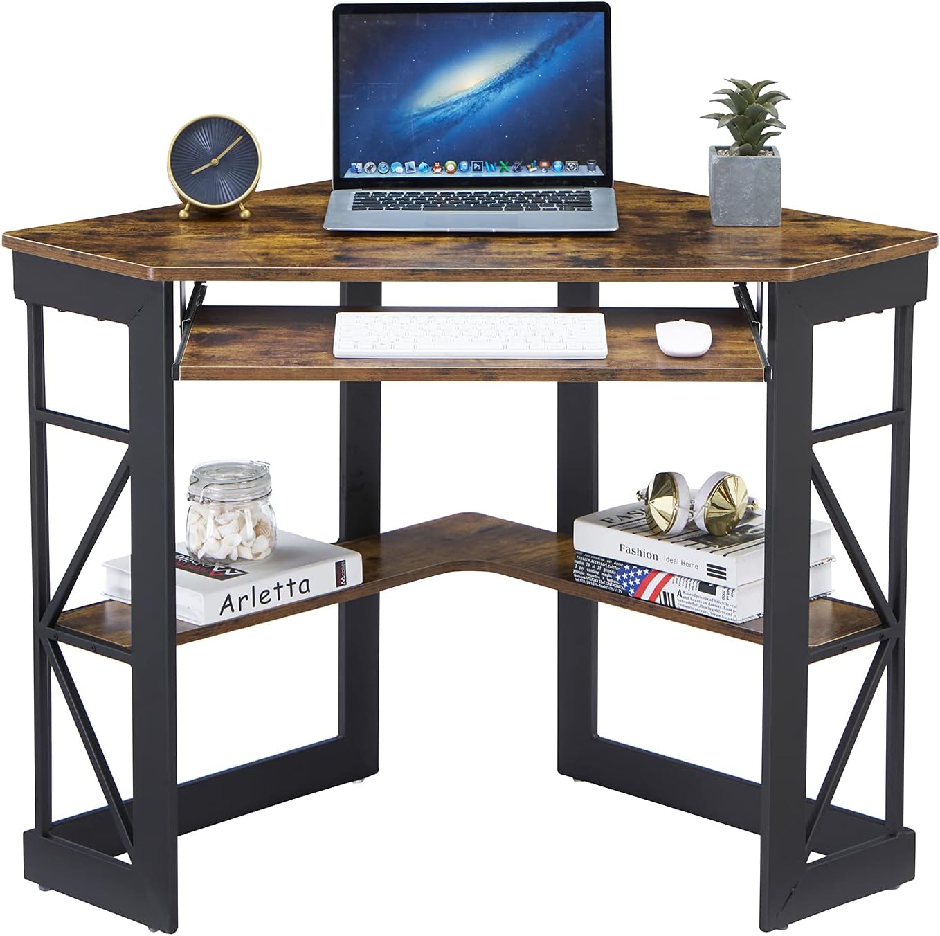 VECELO Corner Computer Desk Writing Smooth Keyboard Tray & Storage Shelves, Compact Home Office Table,Teak