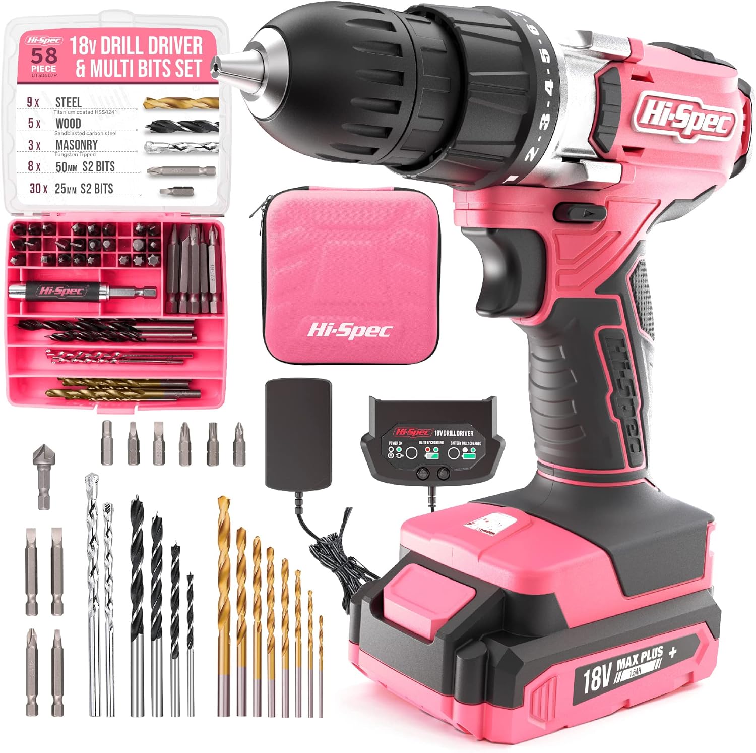 Hi-Spec 58 Piece 18V Pink Drill Driver & Multi Bit Set. DIY Cordless Screw & Drilling Power Tool with S2 Steel Bit Set for Metal, Wood & Masonry. All in a Storage Zipper Case Pack of 2