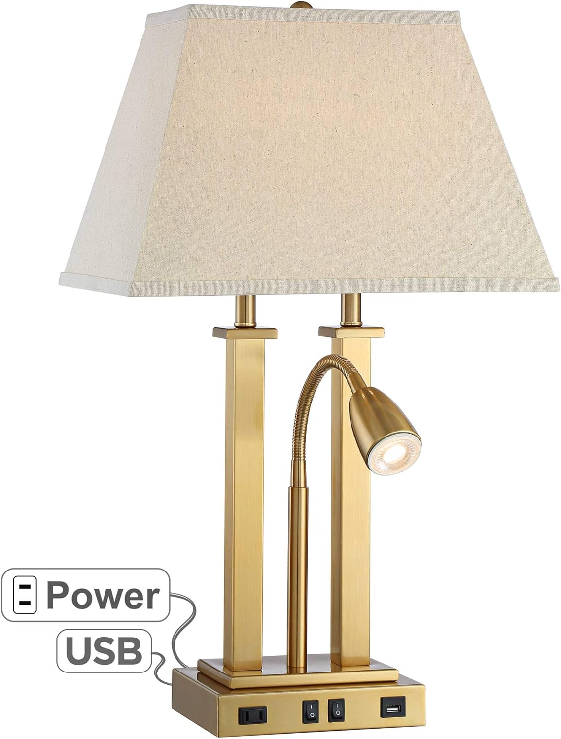 Deacon Modern Desk Table Lamp with USB and AC Power Outlet in Base LED Gooseneck Antique Brass Oatmeal Linen Drum Shade for Living Room Bedroom Bedside Nightstand Office Family - Possini Euro Design