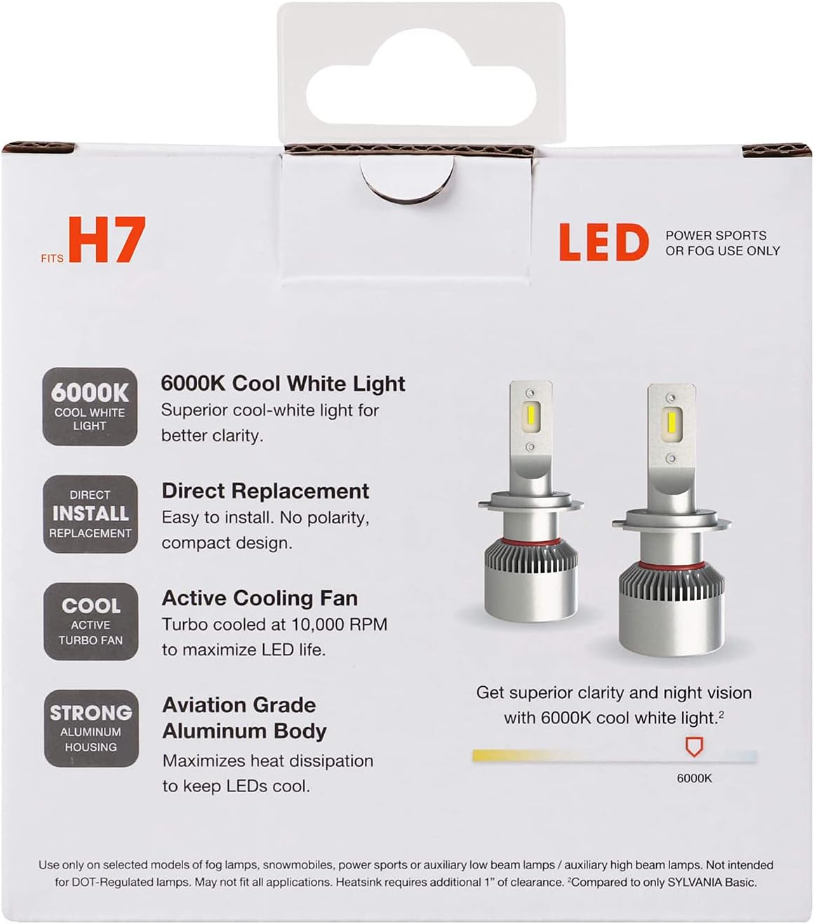 Sylvania H7 LED Powersport Headlight Bulbs for Off-Road Use or Fog Lights with Cool Bright White Bulbs, (2 Pack)