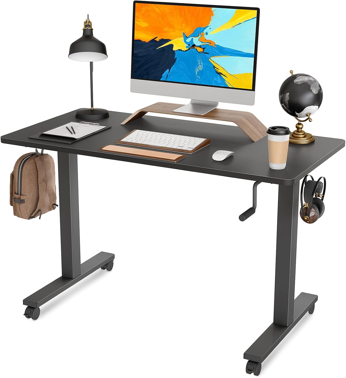 FAMISKY Manual Height Adjustable 40 x 24 inch Stand Up Desk, Crank Stand Workstation for Home Office with Handle Black Frame/Black Top