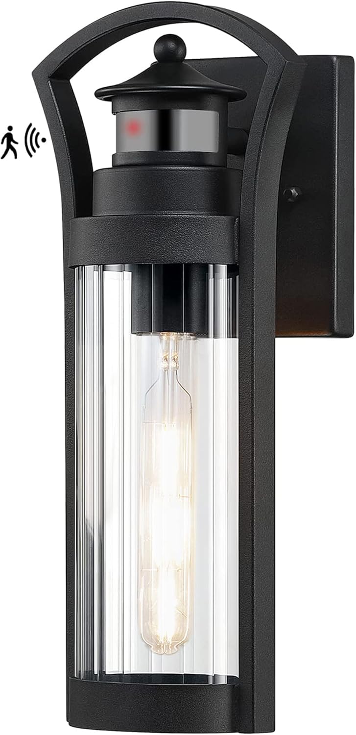 PTRWOROA Dusk to Dawn Motion Sensor Outdoor Porch Light Fixtures Wall Mount Black Modern Exterior Wall Sconce Lantern Lighting for Garage Patio Entryway Doorway