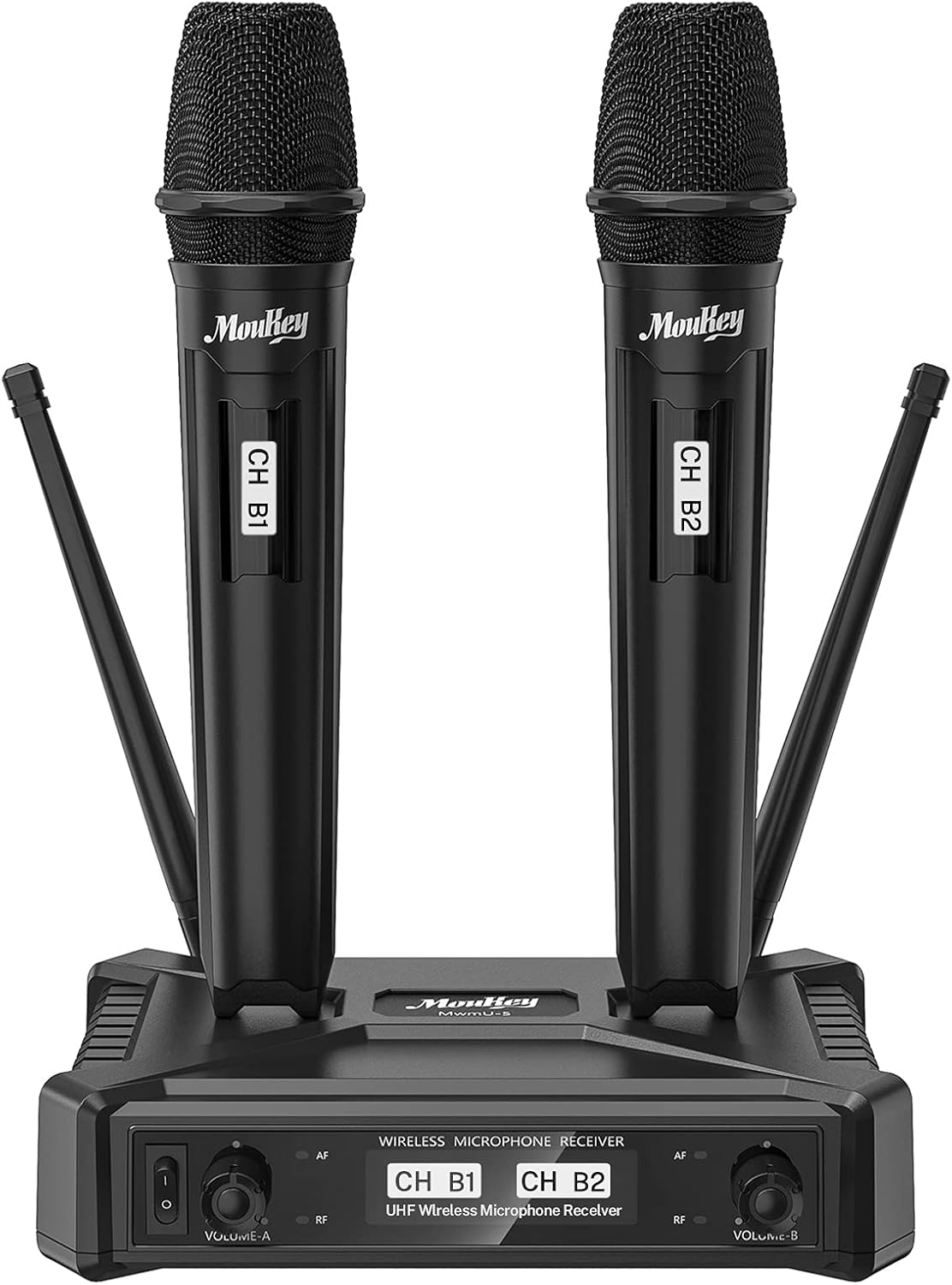 Moukey Wireless Microphone, Dual Handheld Dynamic Karaoke Microphone, Anti-Interference, 295ft Range, UHF Mics for Karaoke/Voice Amplifier/PA System/DJ/Church/Party/Meeting/Wedding, Black, B Channel