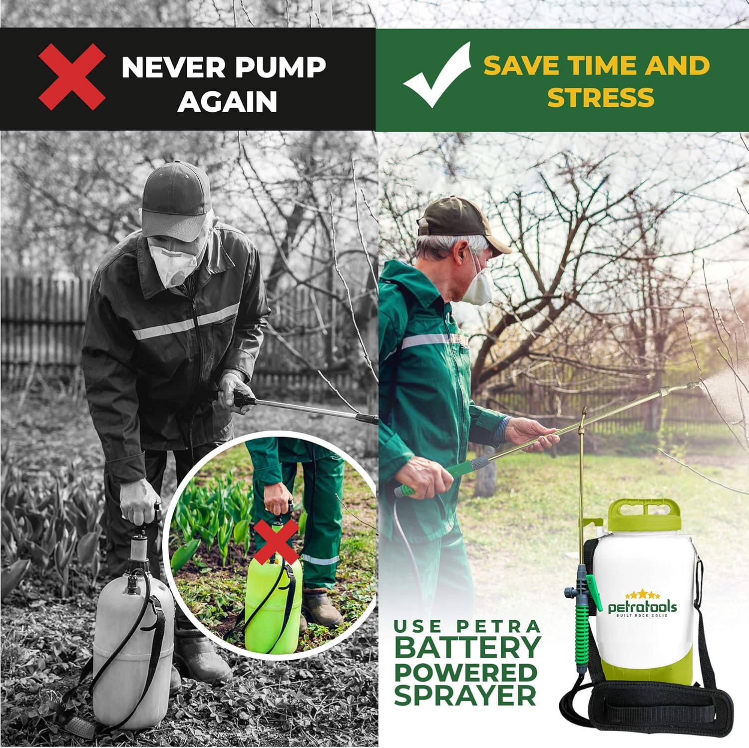 PetraTools 1 Gallon Battery Sprayer - Ultra Convenient Battery Powered Sprayer, Garden Sprayer & Weed Sprayer with Easy-to-Carry Strap, Electric Sprayer & Yard Sprayer with Long-Lasting Battery Life Pack of 2