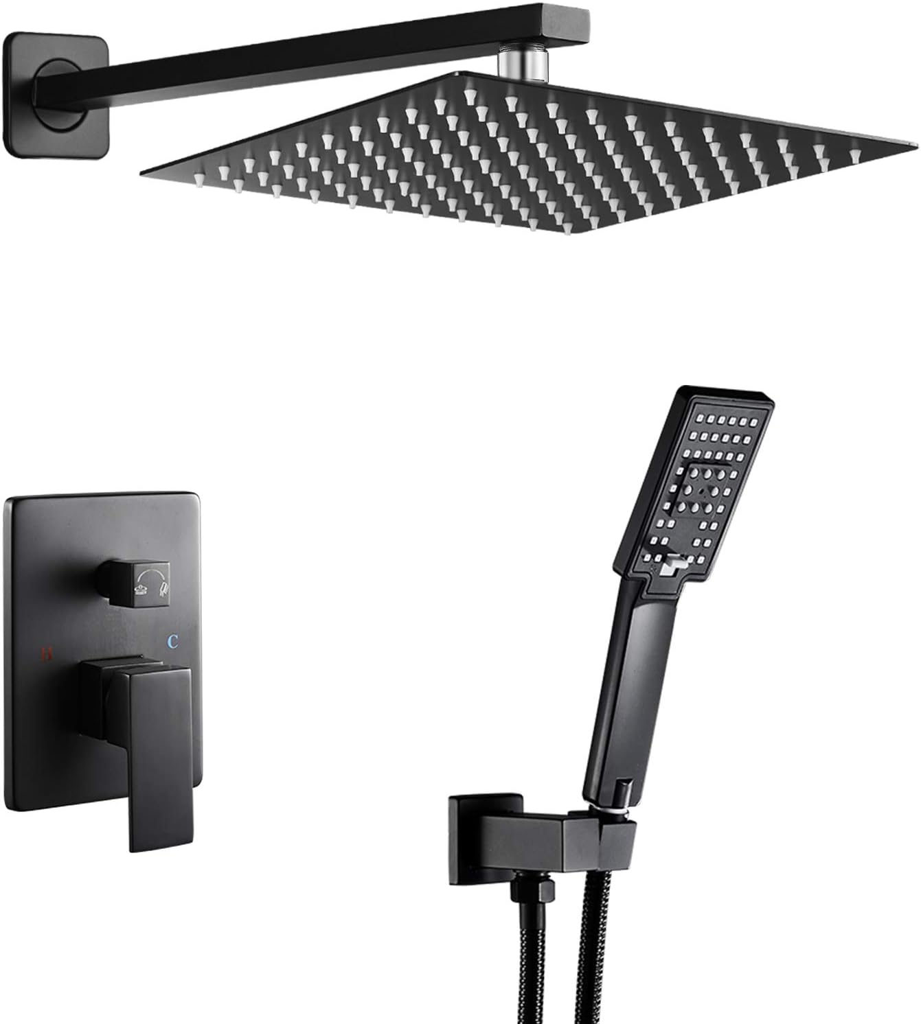 ROVOGO Bathroom Rain Mixer Shower Combo Set, Wall Mounted Rainfall Shower Head System with Handheld Shower, Brass Rough-in Diverter Valve and Trim Kit Included, Black