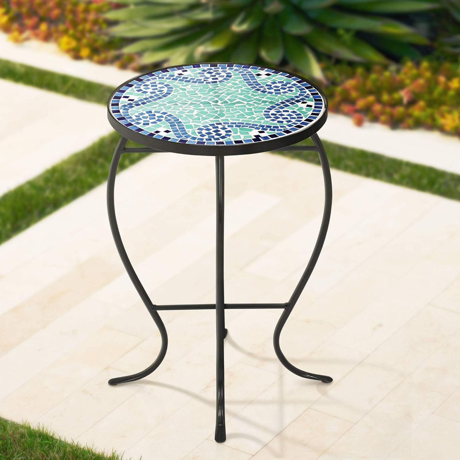 Teal Island Designs Ocean Wave Mosaic Black Iron Outdoor Accent Table