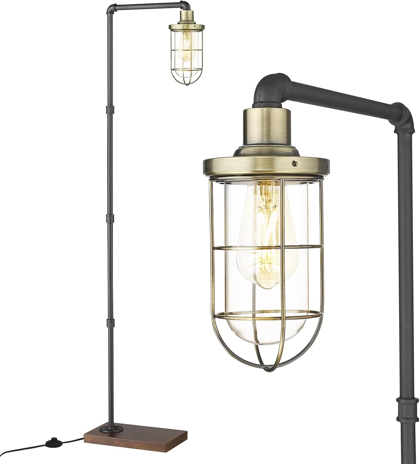ELYONA Industrial Floor Lamp, Steampunk Office Lamp Metal Pipe Standing Light, Solid Wood Base, Tall Pole Farmhouse Corner Light for Bedroom Livingroom, Edison Bulb Included, Brushed Brass & Black