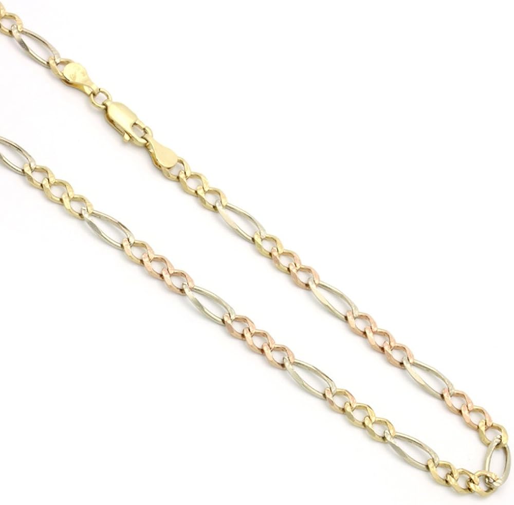 14K Solid Gold 3.5mm Tricolor Figaro Chain Necklace -Lobster Claw Clasp- Multiple lengths available