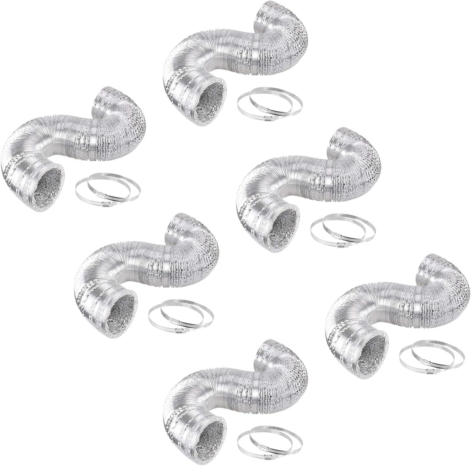 iPower GLDUCT10X25CX6 6 Pack 10 Inch 25 Feet Non-Insulated Flex Air Aluminum Ducting Dryer Vent Hose for HVAC Ventilation, 2 Clamps per pack Included, Silver