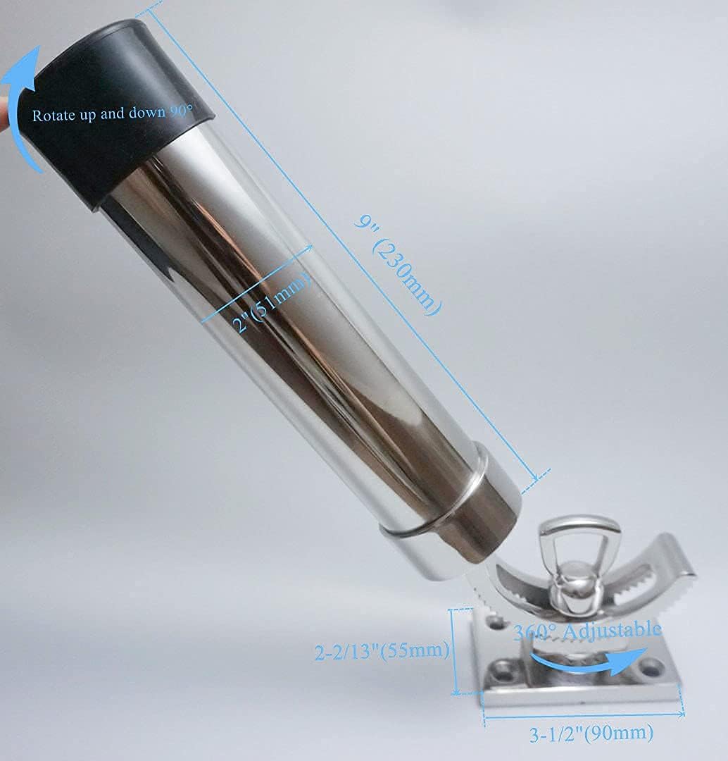 Show Time 316 Stainless Steel Deck Mount 360° Adjustable Boat Fishing Rod Holder Square Base for Marine Yacht, silver Pack of 2